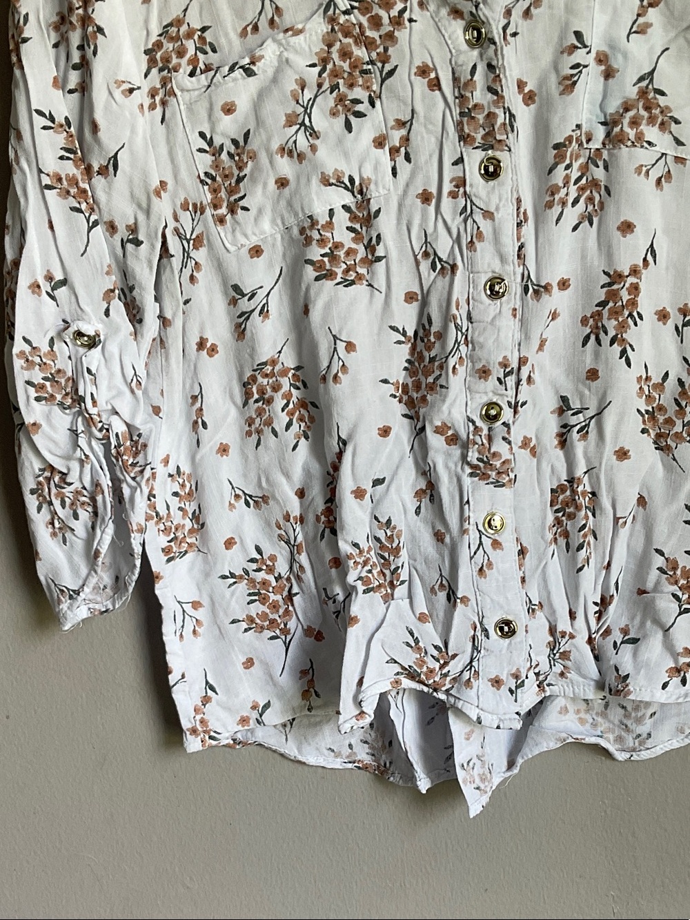 Women's White Button-Down Blouse with Brown Floral Print - Picture 2 of 7